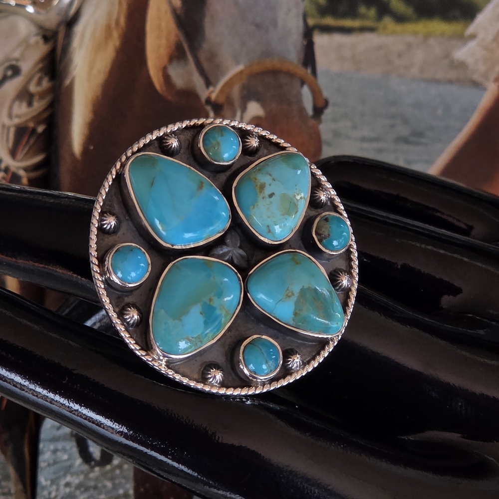 🆕️Kingman Turquoise Sterling Silver Statement Ring Adjustable~ Fits Size 6-8 - Picture 2 of 12